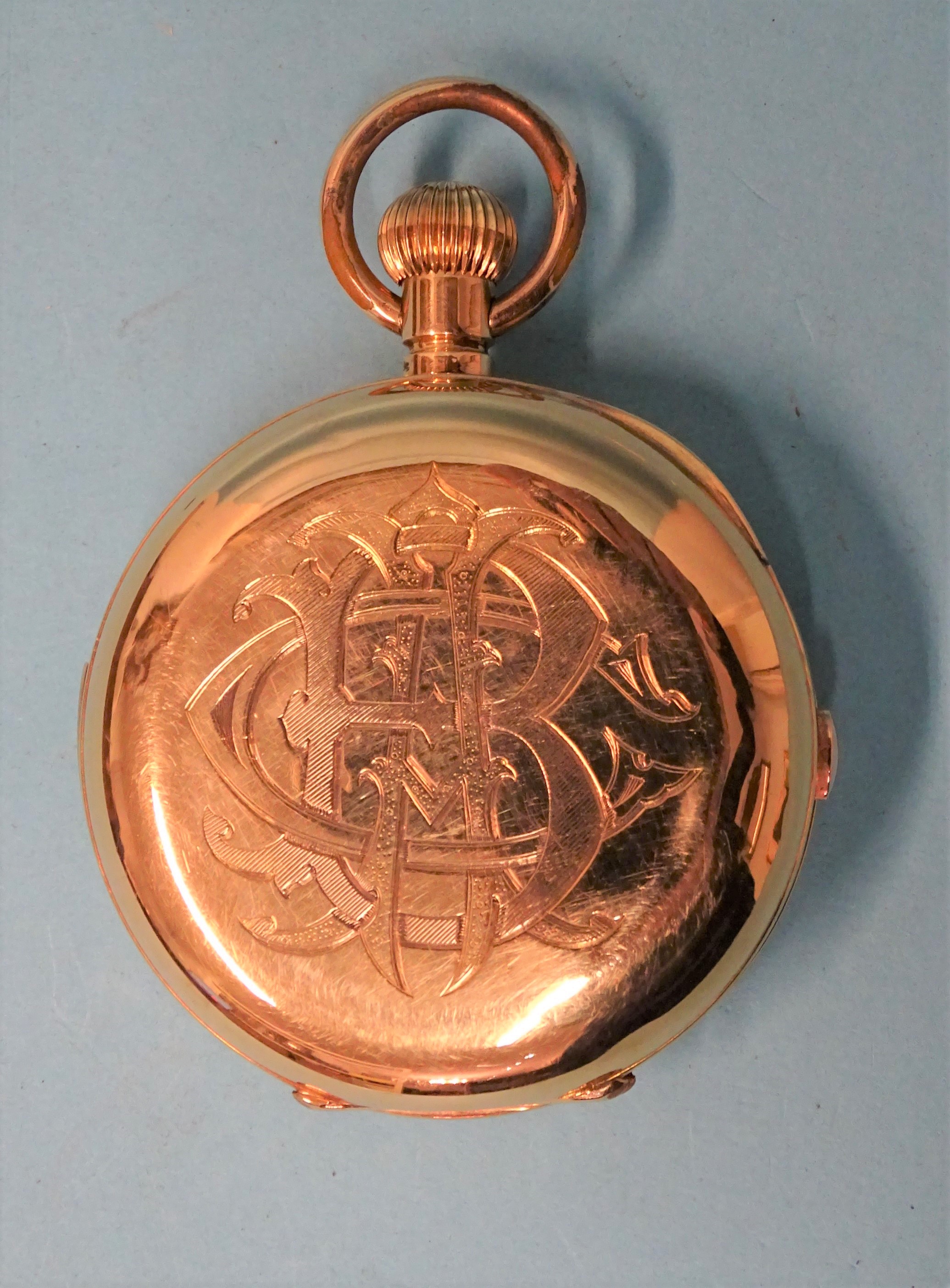 An 18ct gold hunter-cased repeater chronograph pocket watch, the white enamel dial with Roman - Bild 2 aus 4