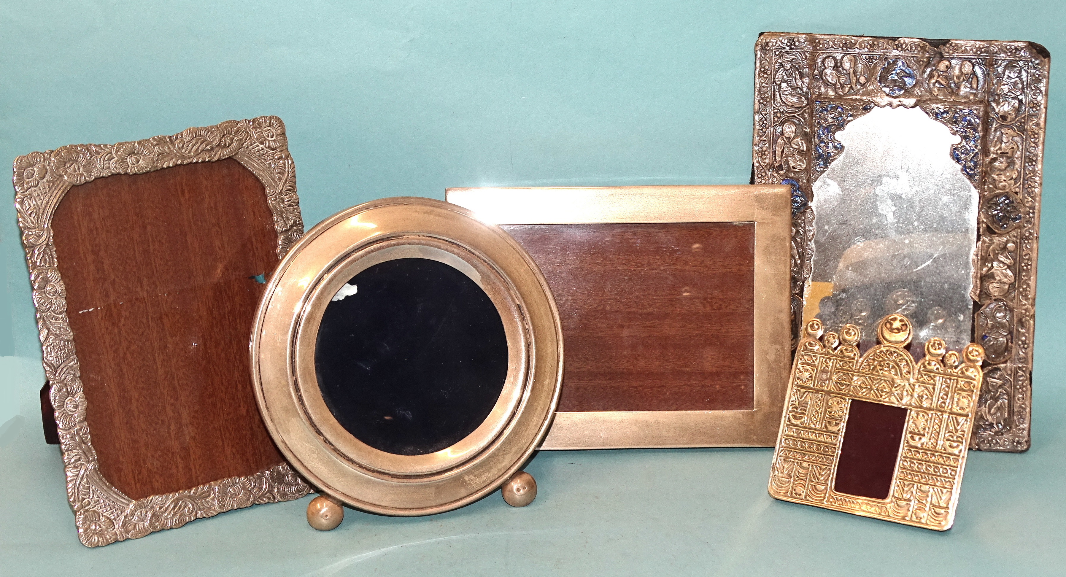 Three heavy white metal photograph frames, with Egypt silver marks, and two others, (5).