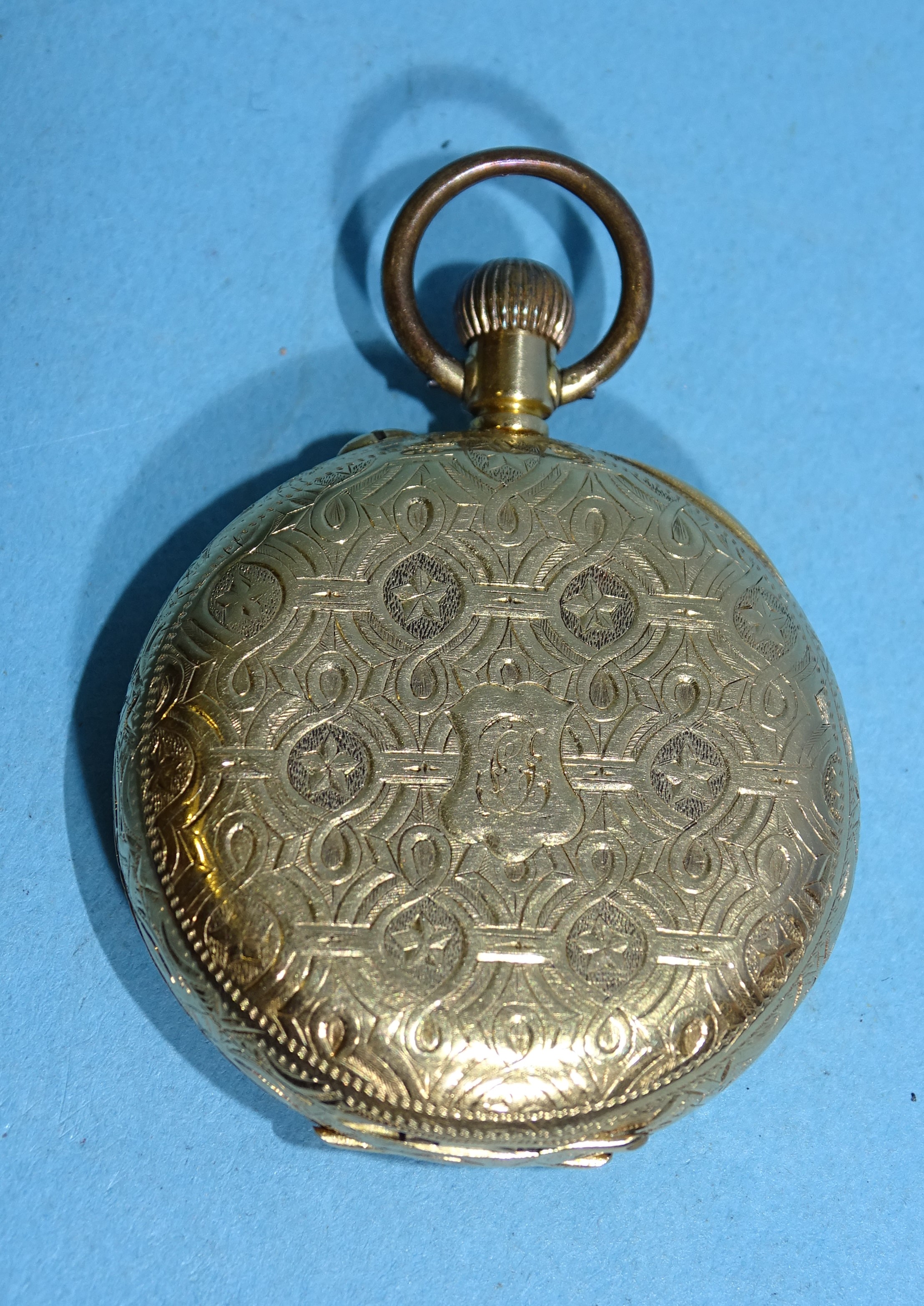 A lady's Continental 18k-gold-cased open-face keyless pocket watch, the engraved gilt face with - Bild 3 aus 3