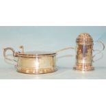 A silver pepper pot of tankard form, with scroll handle and a silver mustard pot of circular form,