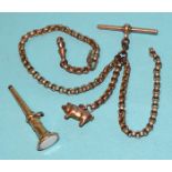 A length of Victorian gold watch chain with a T-bar, marked 9ct, a shackle and a pig charm, gross