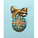 A Victorian gold pendant set demi-pearls in a cross design, with turquoise-set background and