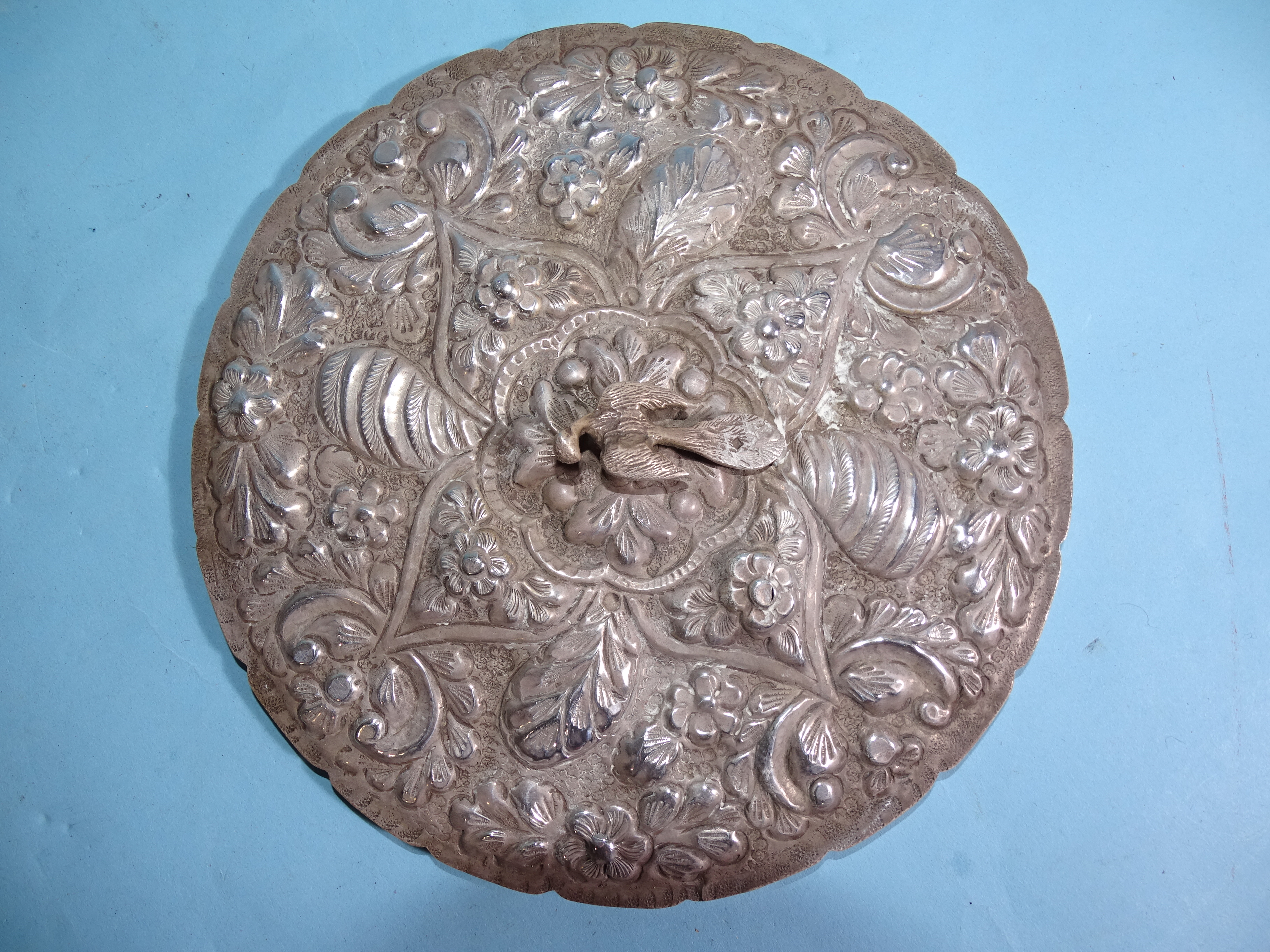 An Egyptian silver circular dressing table mirror surmounted by a peacock, 20cm, two others, similar - Bild 2 aus 4