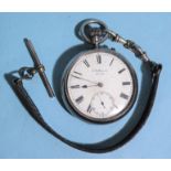 J W Benson, "The Bank", a silver-cased open-face keyless pocket watch, the white enamel dial with