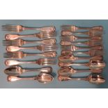 A quantity of Victorian silver fiddle, thread and shell cutlery: six each table and dessert forks,