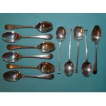 A set of six silver feather-edged teaspoons, Birmingham 1925 and five other silver teaspoons,