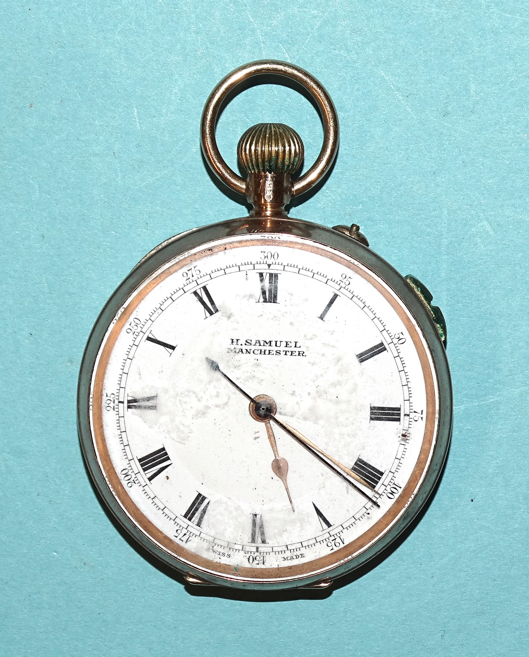 A 9ct gold-cased keyless open-face centre seconds chronograph pocket watch, the movement signed H