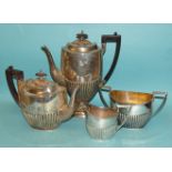 A Victorian four-piece tea service of oval form with gadrooned decoration, Walker & Hall,