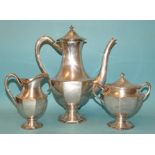 An 800-silver three-piece coffee service of octagonal baluster form, each with beaded rim and