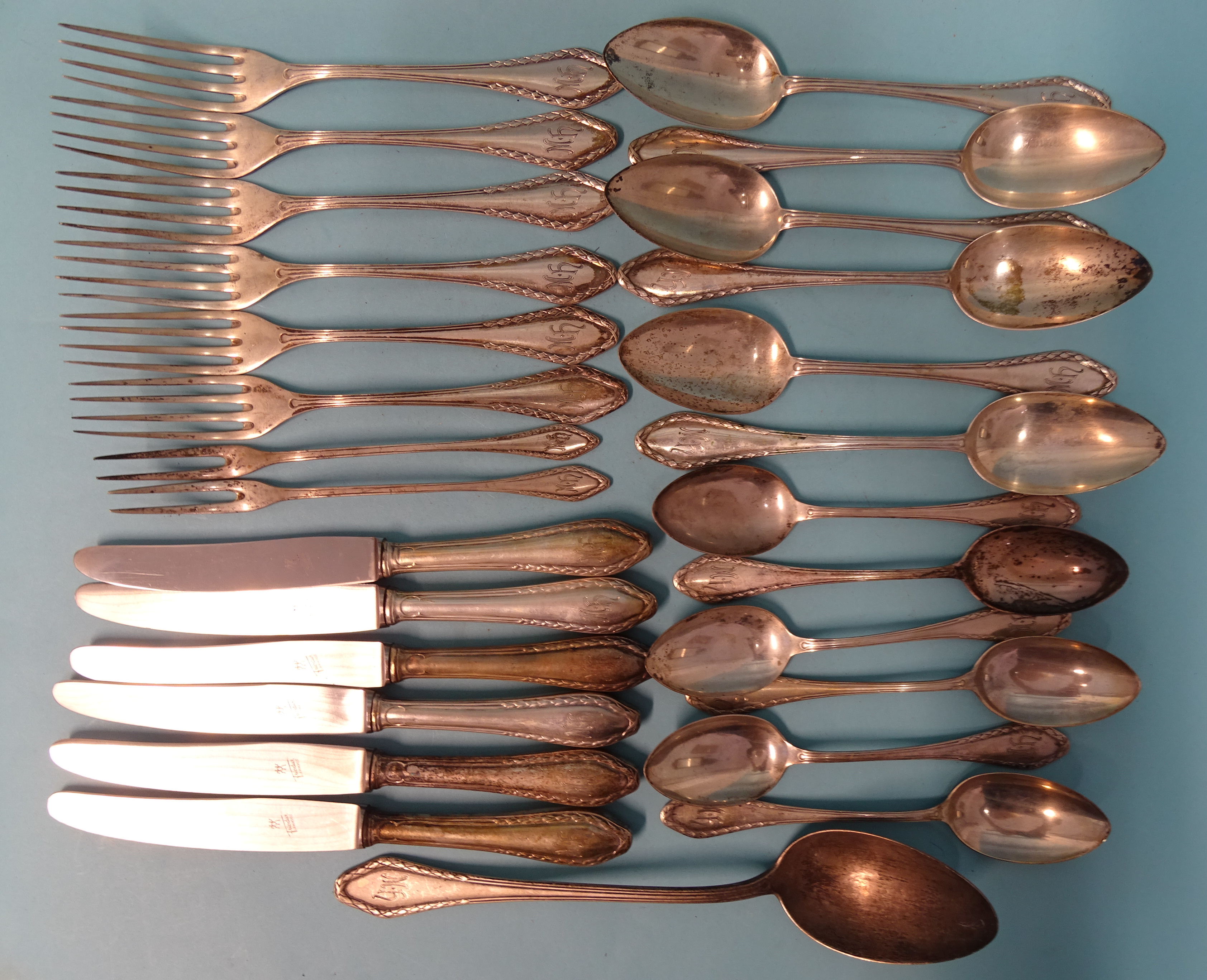 A quantity of white metal flatware stamped '800'; 1 serving spoon, 6 each table forks, tablespoons