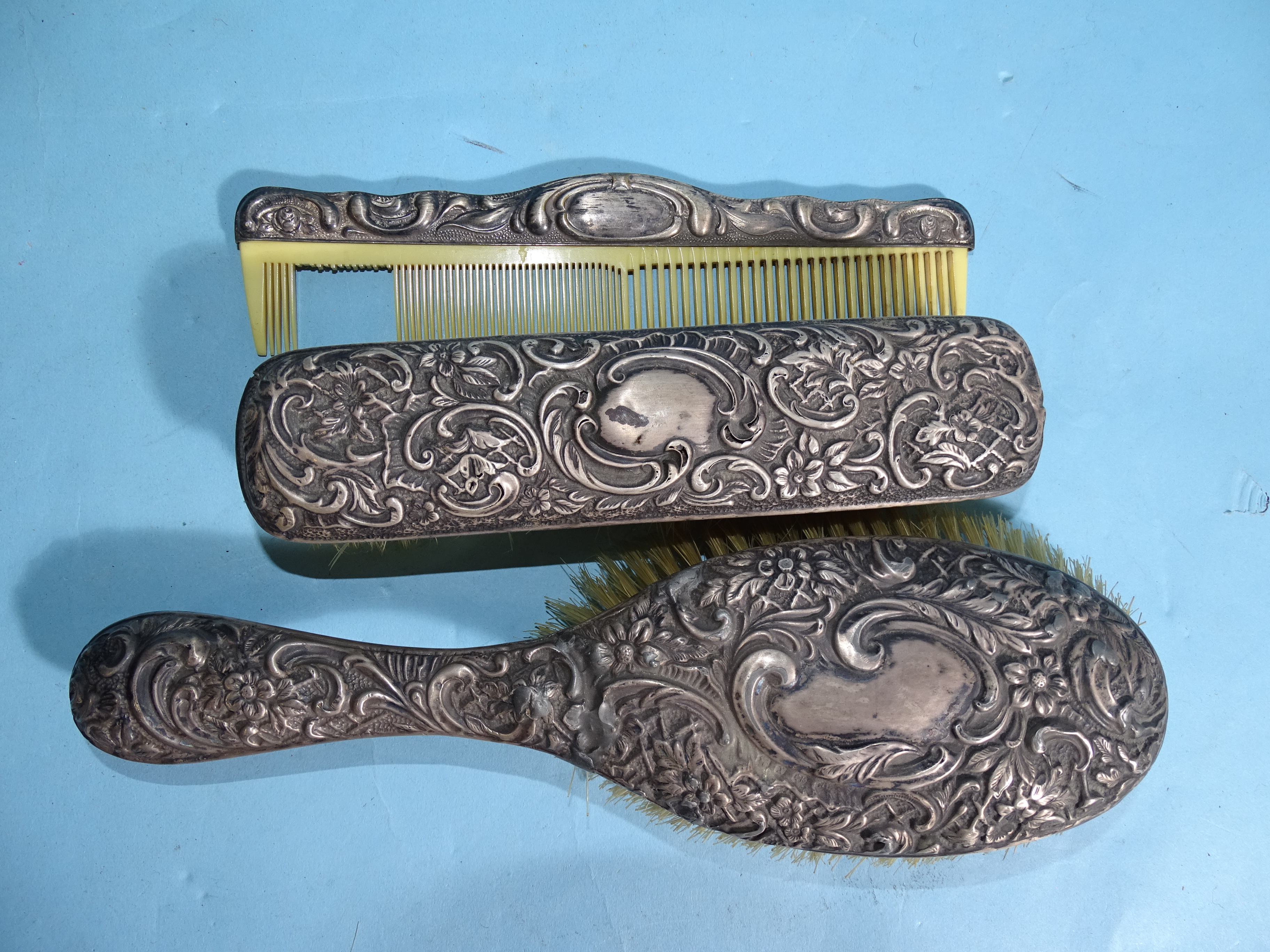 An Egyptian silver circular dressing table mirror surmounted by a peacock, 20cm, two others, similar - Bild 4 aus 4