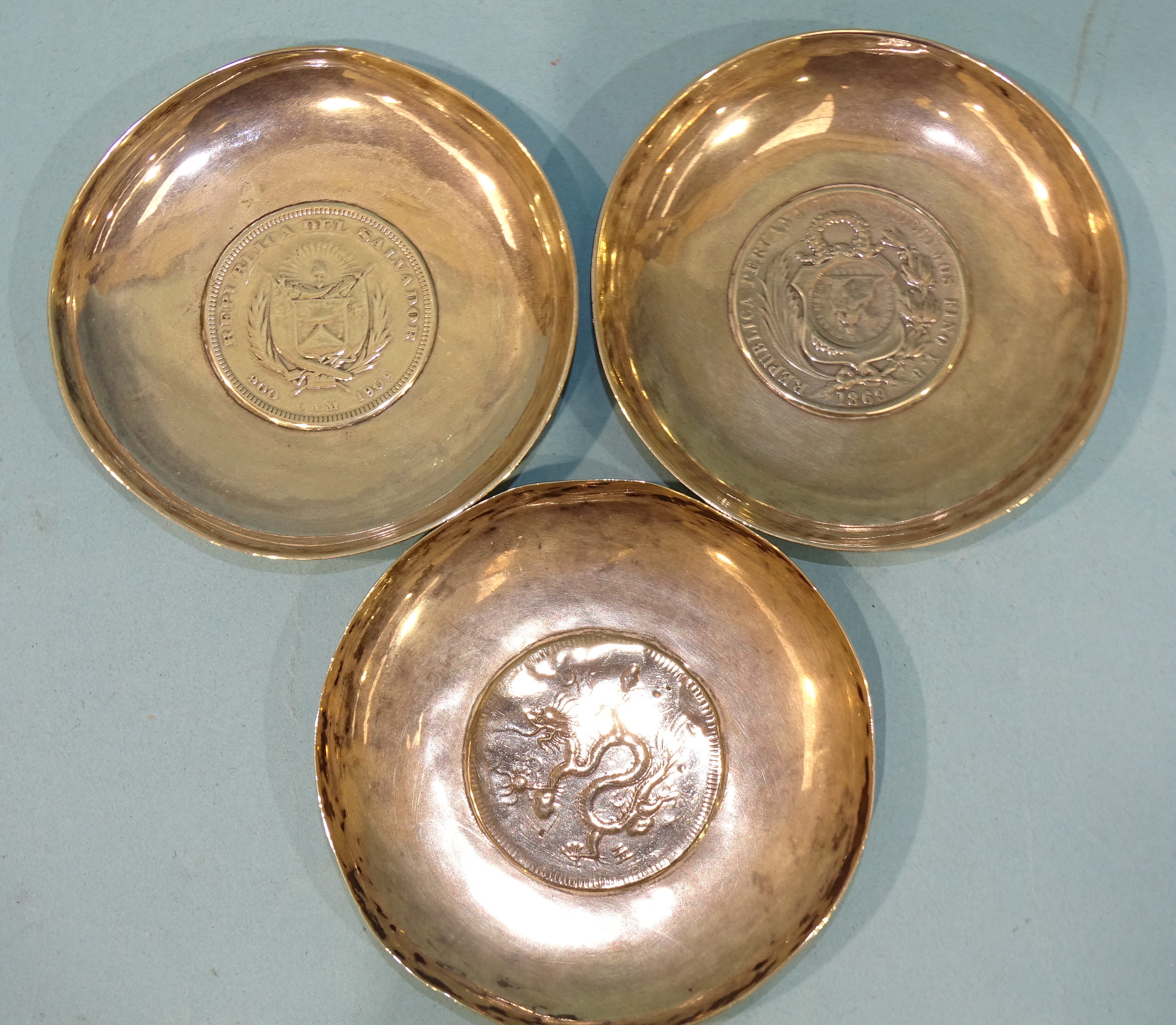 Two Wang Hing silver pin dishes inset coins and one other, similar, ___6.5oz, (3).