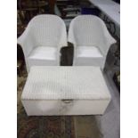 A pair of Lloyd Loom white-painted bedroom armchairs and a similar Ottoman box/stool, 90cm wide,