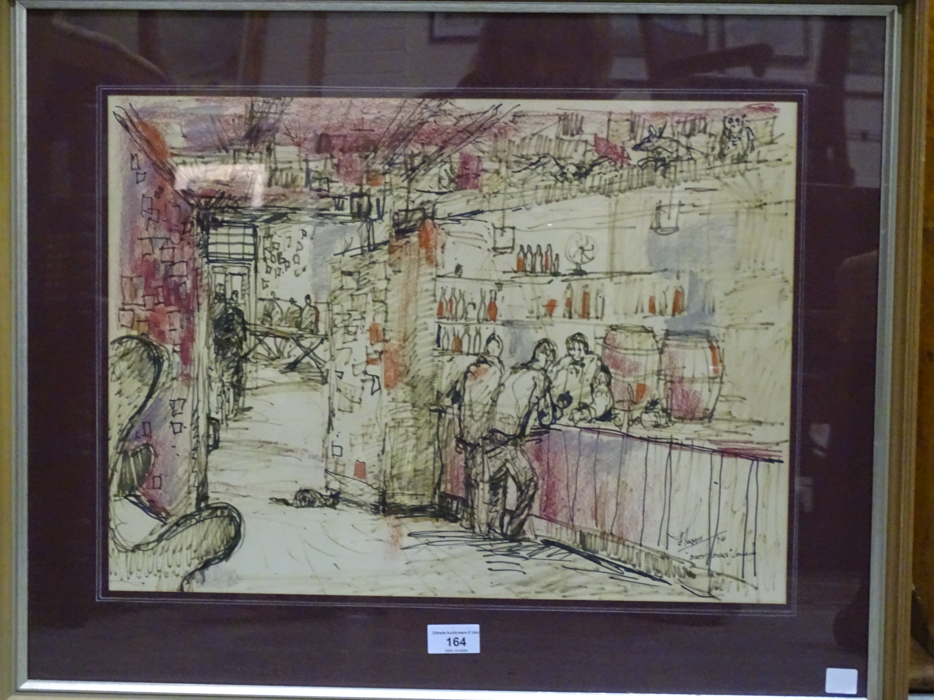 F Poggio, 'Dirty Dicks, London', a signed and titled pen and ink picture dated '74, 36.5 x 50cm,