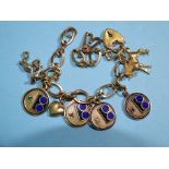 Four enamelled charms marked "10k", three 9ct gold charms and a 9ct gold padlock clasp on a gold-