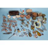 A collection of various miniature animal figures, a papier-mâché snuff box and miscellaneous items.