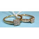 A solitaire diamond ring with diamond-set shoulders, in 9ct gold mount, size P, 1.8g and a square