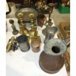 Three pairs of brass candlesticks, a small brass cannon on wooden carriage, various pewter ware