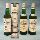Laphroaig Islay Single Malt Scotch whisky 10-year-old, 40%, 70cl, (in sleeve) and two older