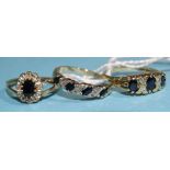 Three sapphire and diamond-set 9ct gold rings, sizes O, P and Q, 5.8g, (3).