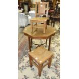 A 20th century oak adzed miniature table, a child's chair and a mahogany octagonal table, (3).