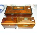 A 19th century mahogany three-division tea caddy and two smaller tea caddies, (restored), (3).