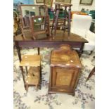 An Edwardian inlaid mahogany coal purdonium, 40cm wide, a cane seat stool, two mahogany-framed