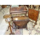 A mahogany book stand, 70cm wide, an oak occasional table, a wine table and a smoker's stand.