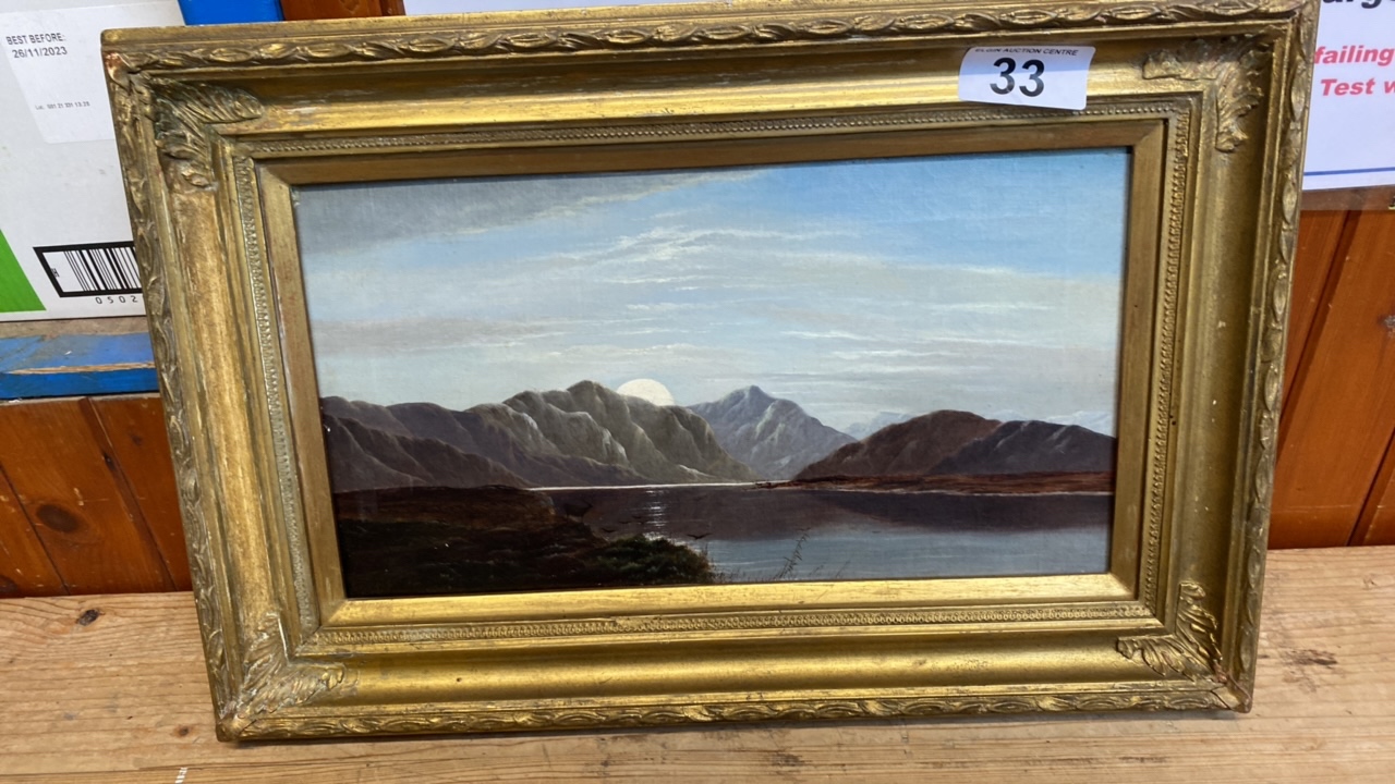 OIL PAINTING STAGS AT LOCHSIDE- NAME ON BACK C LESLIE