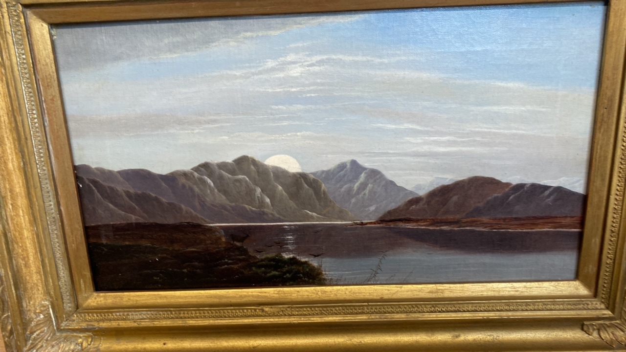 OIL PAINTING STAGS AT LOCHSIDE- NAME ON BACK C LESLIE - Image 4 of 14