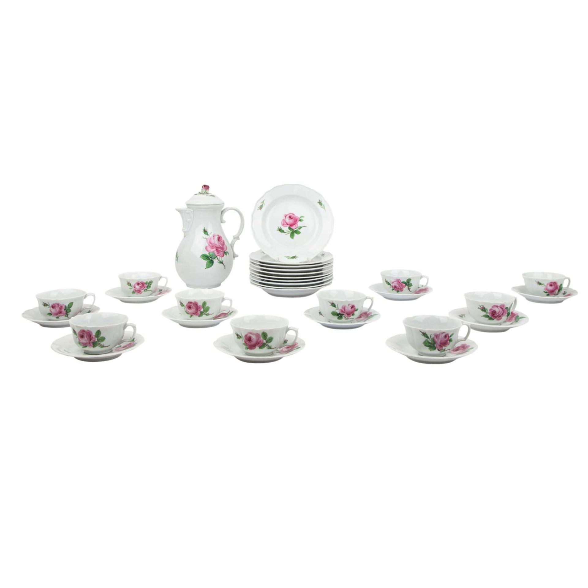 MEISSEN Kaffeeservice f. 10 Personen 'Rote Rose', 2. Wahl, 1924-1934.