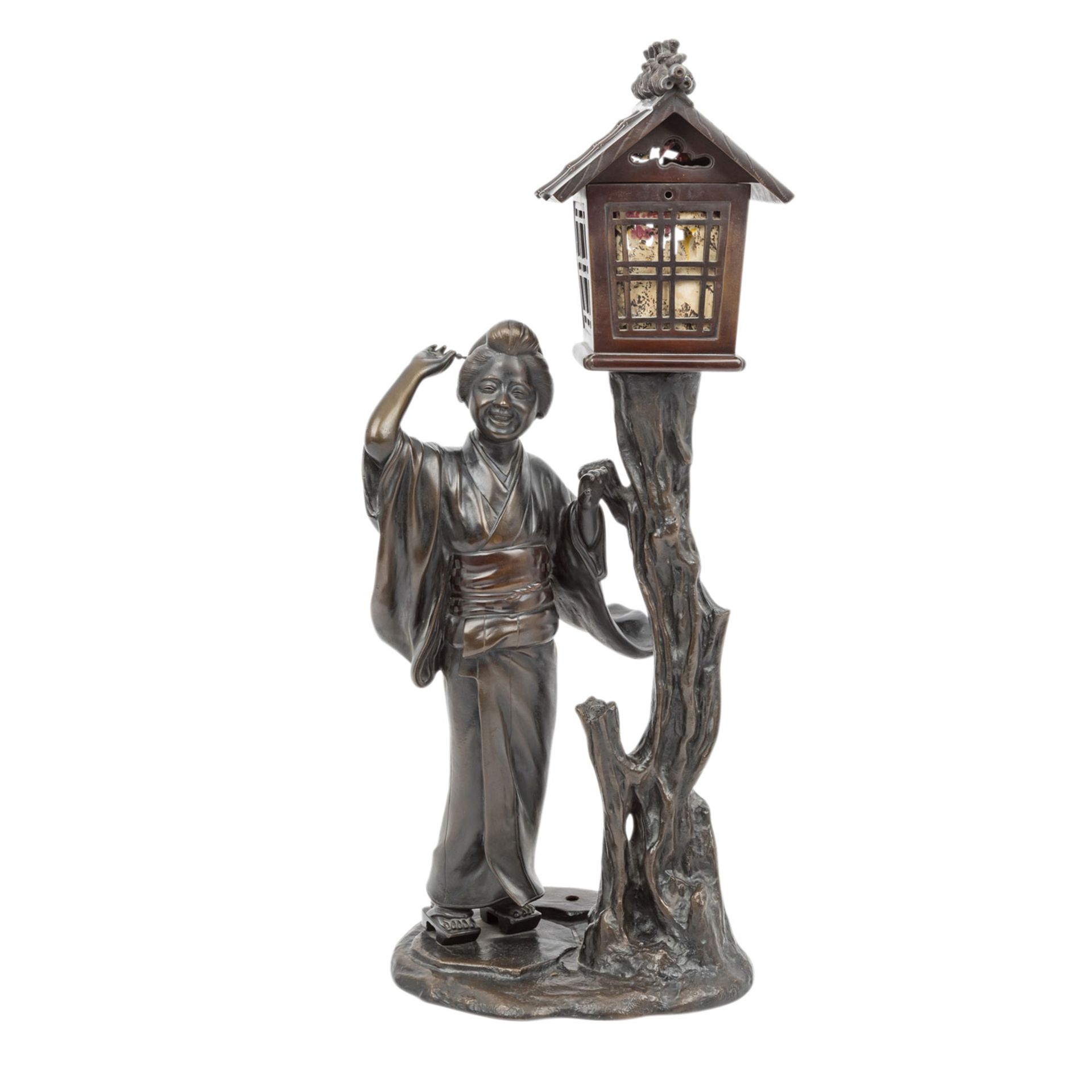 Bronze einer Geisha mit Baumhaus als Lampe. JAPAN.