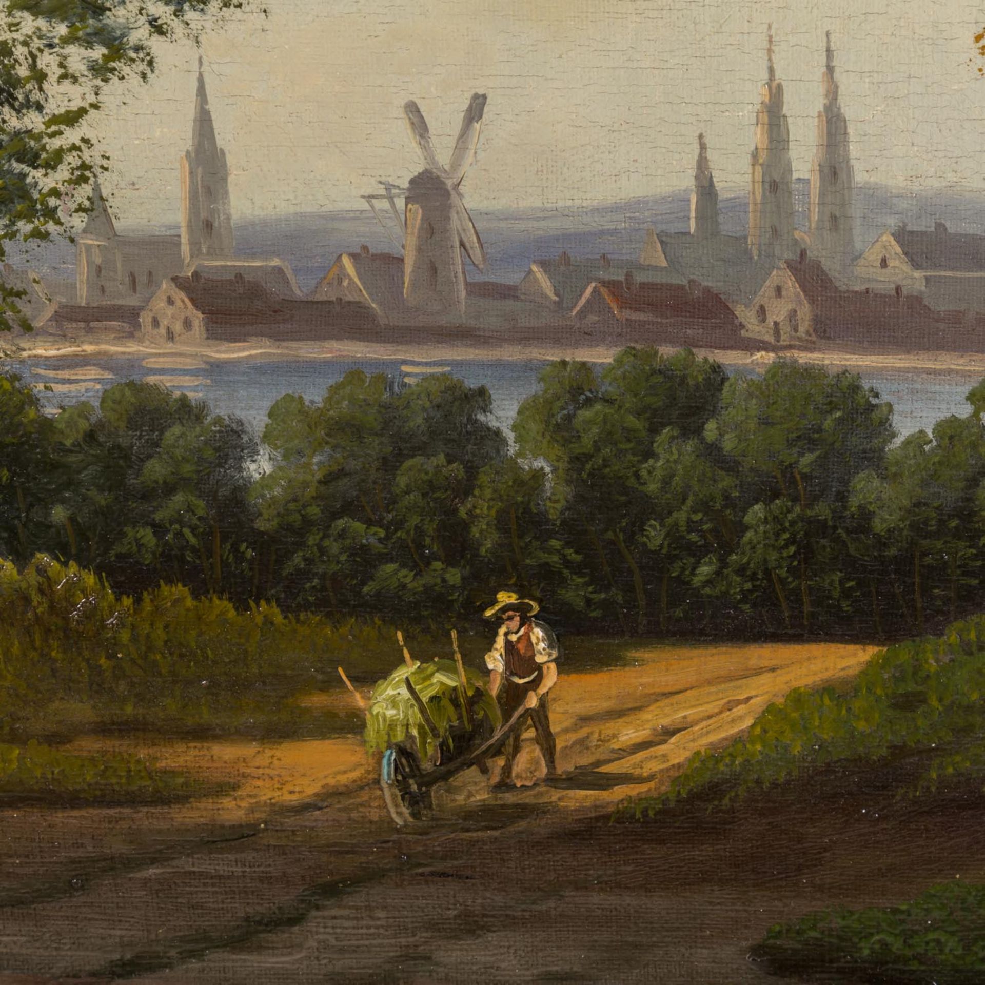 MALER/IN 19. Jh., "Romantische Flusslandschaft mit Windmühle in der Stadt", - Image 3 of 6