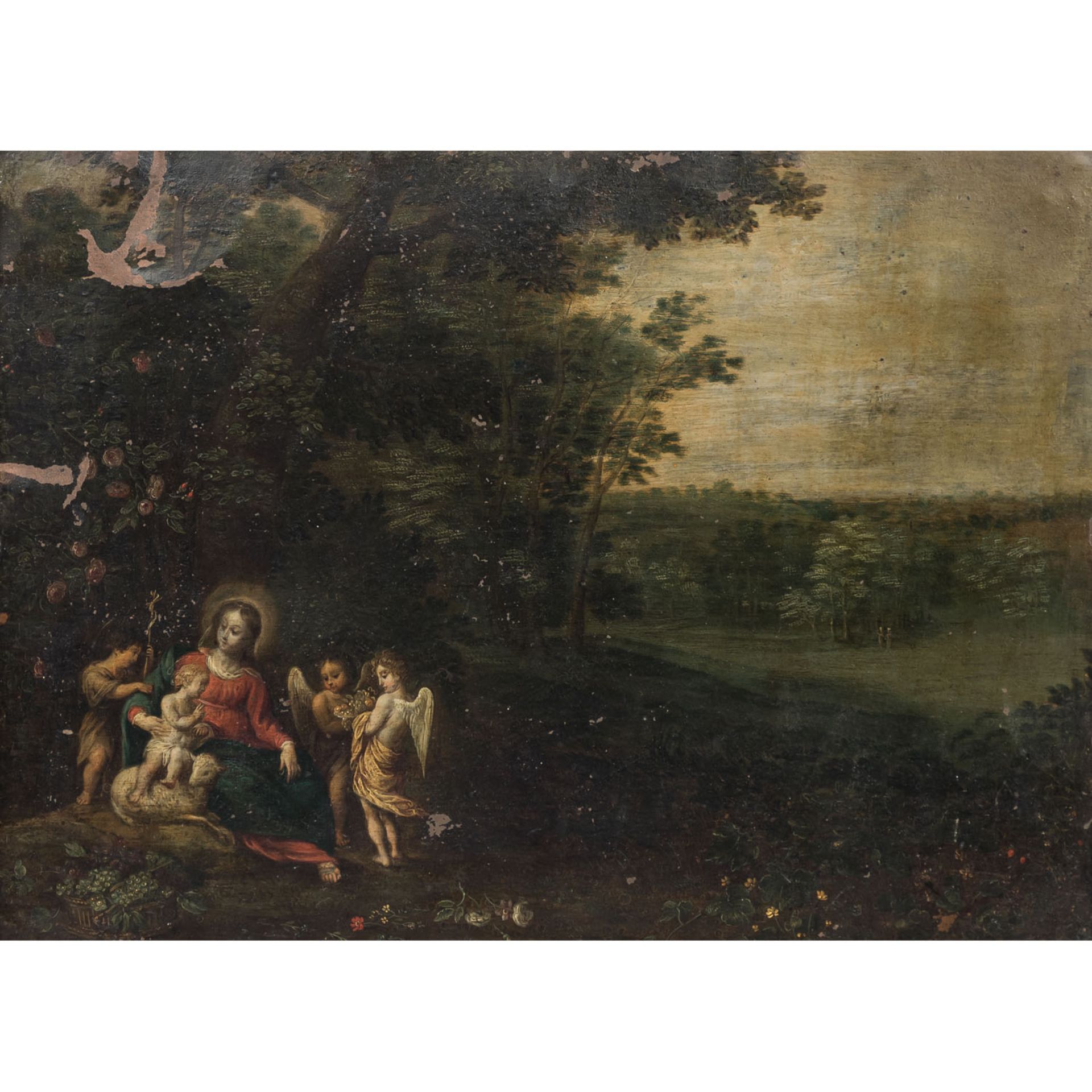 MALER/IN 17./18. Jh., "Madonna mit Christus- und Johannesknaben unter einem Baum sitzend",