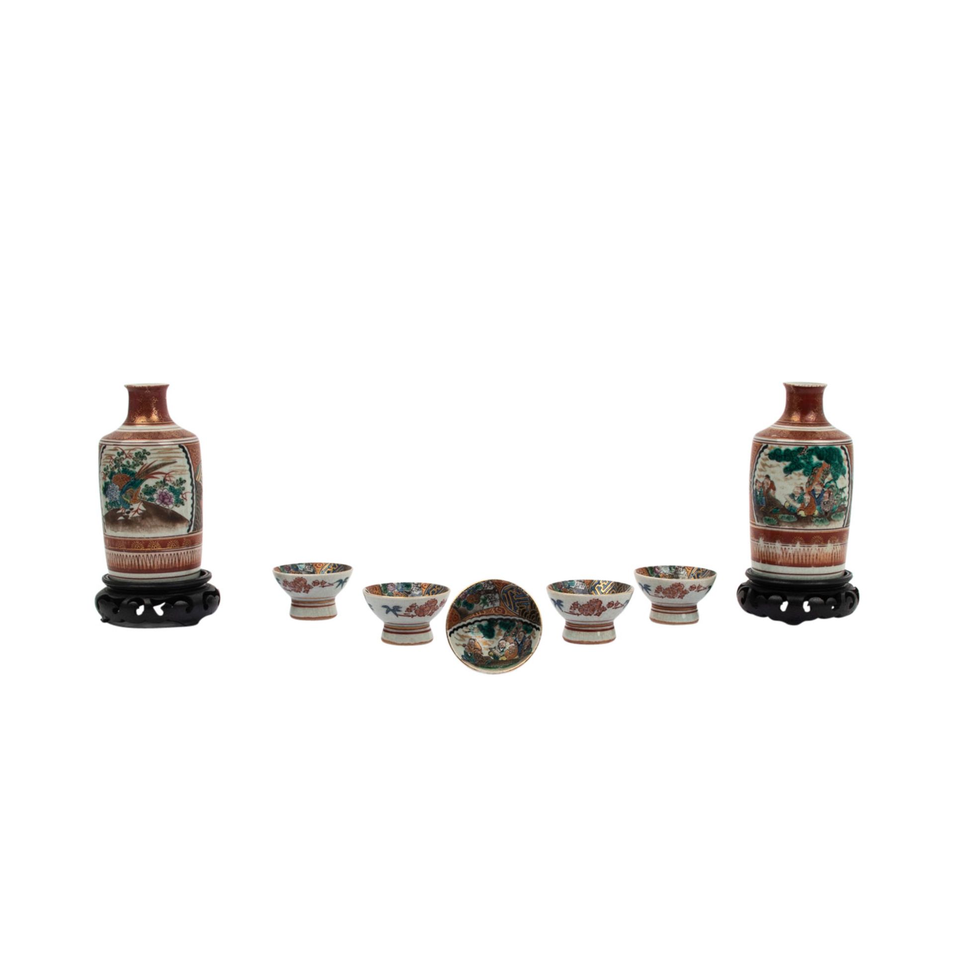 7-teiliges Sake-Set: aus KUTANI-Porzellan, JAPAN, Meiji-Periode (1868-1912).