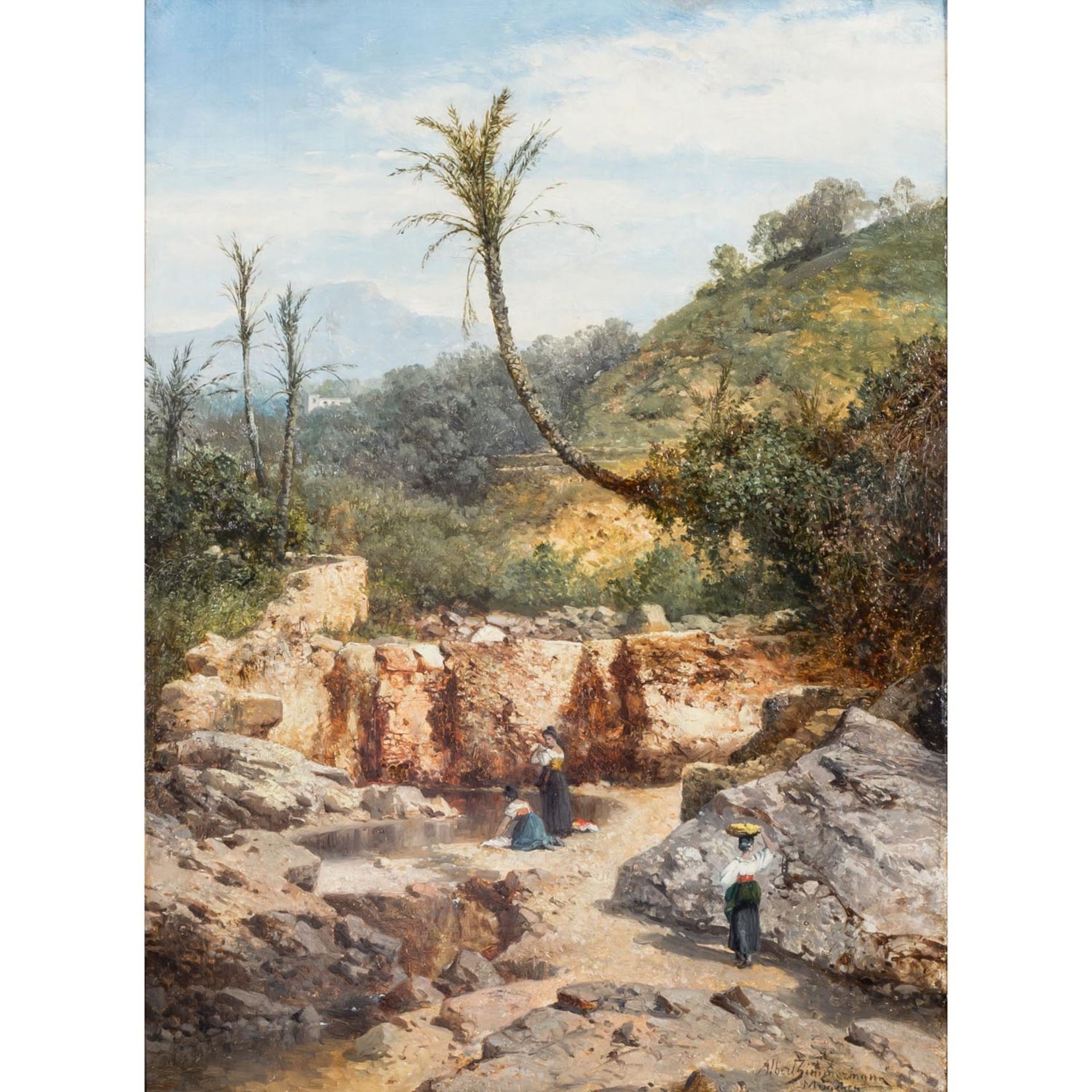ZIMMERMANN, ALBERT (1808-1888), "Wäscherinnen in mediterraner Landschaft mit Palmen",