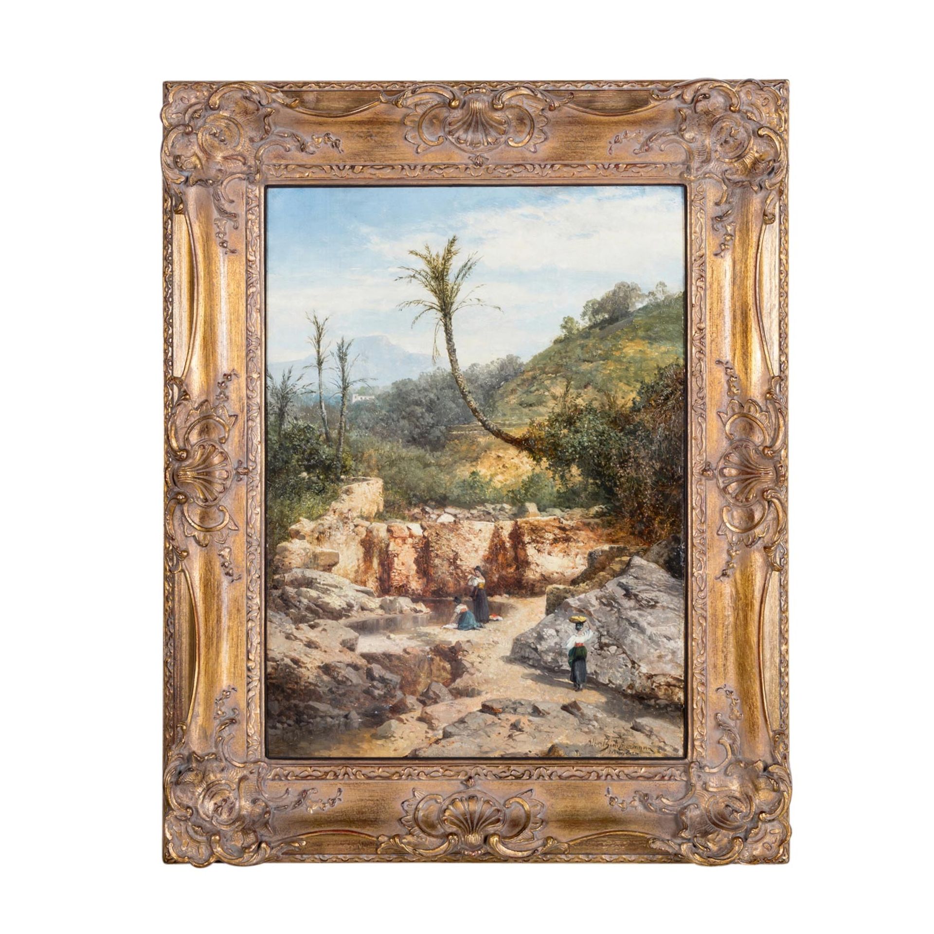 ZIMMERMANN, ALBERT (1808-1888), "Wäscherinnen in mediterraner Landschaft mit Palmen", - Bild 2 aus 7