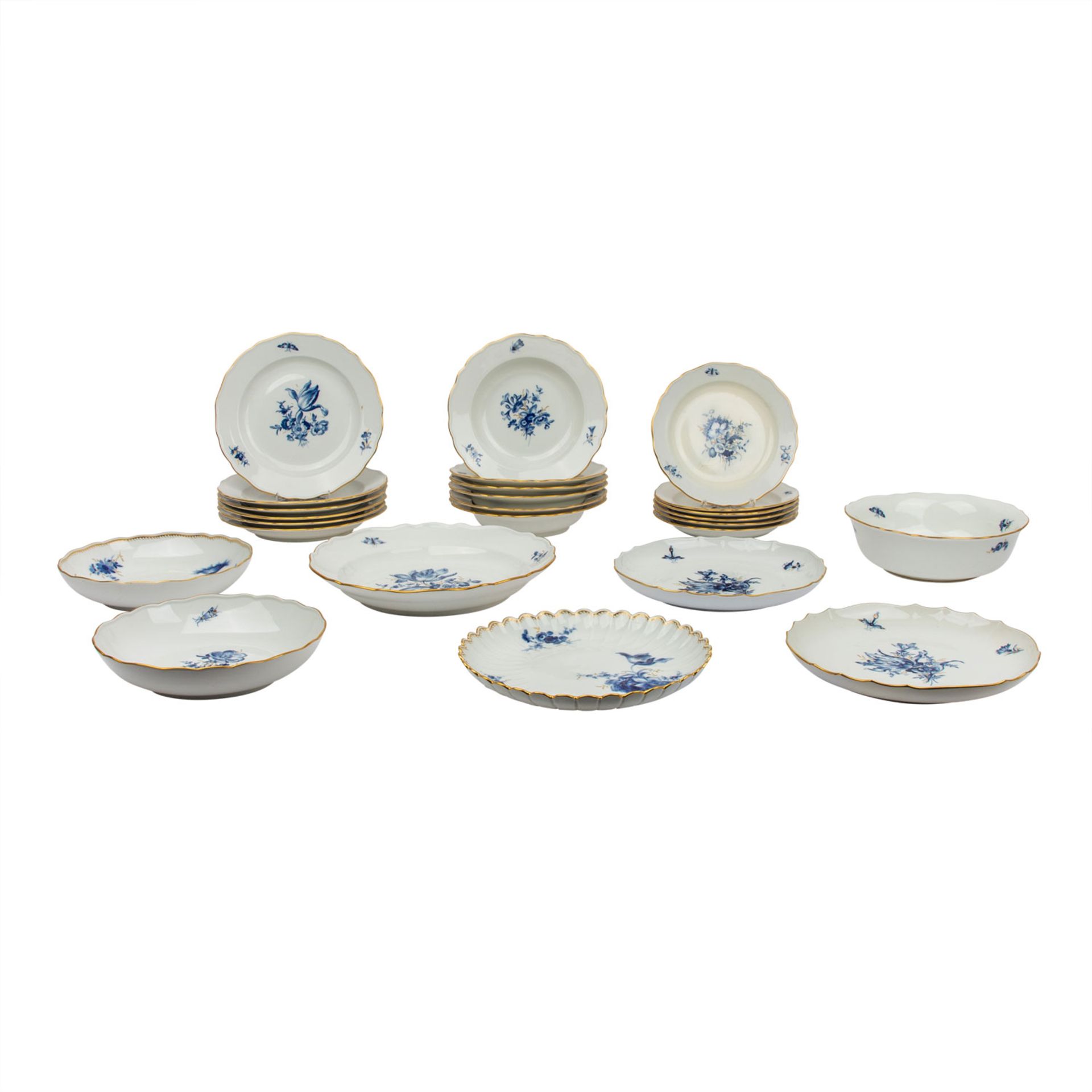 MEISSEN Speiseservice f. 6 Personen 'Blaue Blume mit Goldgräsern und Insekten', 2. Wahl, 20. Jh.