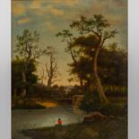 MALER/IN 19. Jh., "Angler mit roter Weste am Fluss",