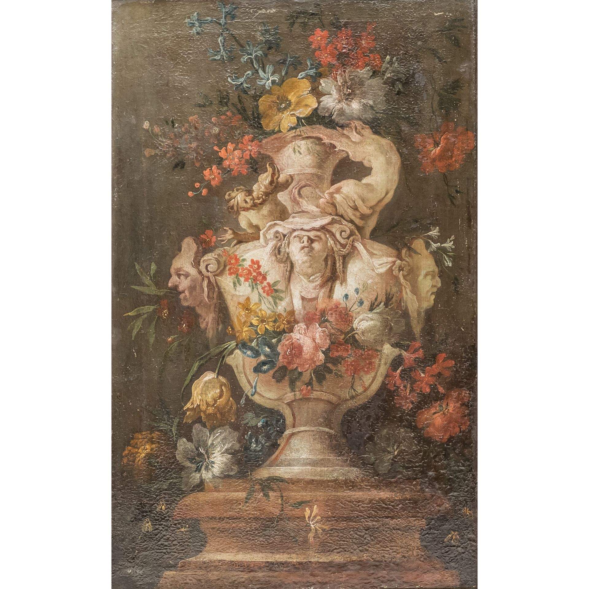 MALER des 17./18. Jh., "Blumenbouquet in Kratervase mit Maskarons",