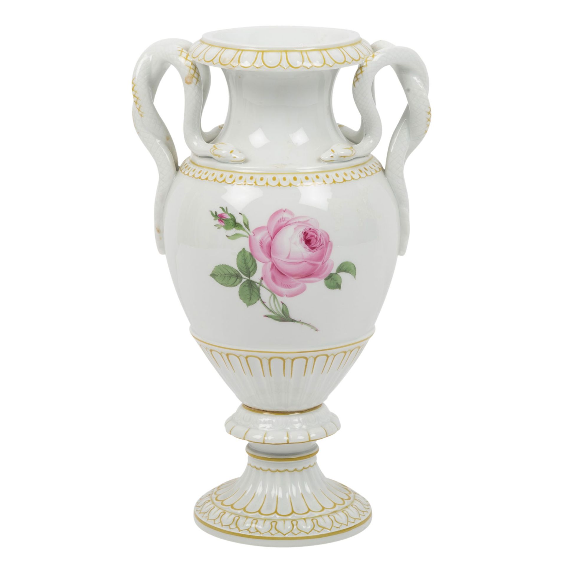 MEISSEN Schlangenhenkelvase 'Rote Rose', 1. Wahl, 1924-1934.