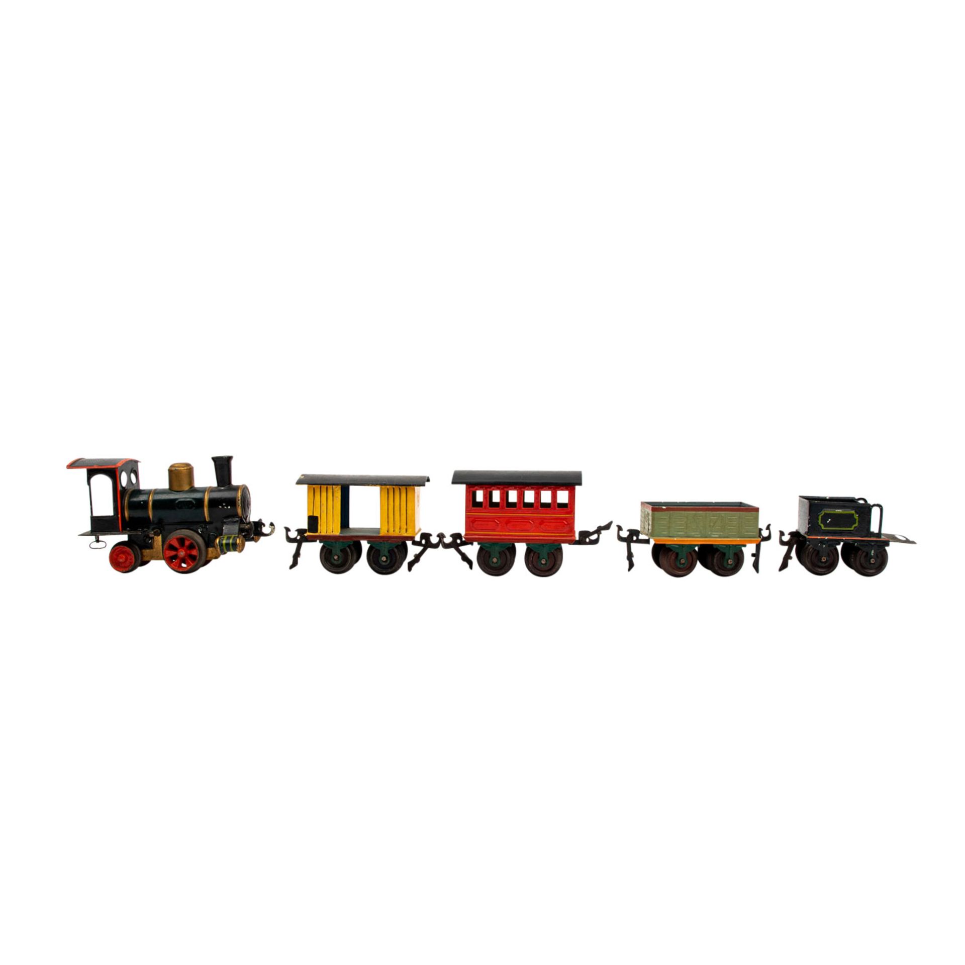 MÄRKLIN Uhrwerk-Dampflok mit Tender und 2 Güter- und 1 Personenwagen, Spur 0, wohl um 1900, - Image 4 of 7