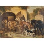 ROBBE (Maler Ende 19. Jh.), "Reiter mit Pferden und Hunden vor dem Stall",