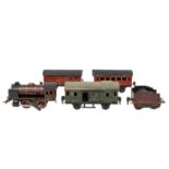 MÄRKLIN Uhrwerk-Dampflok mit 1 Personen- und 2 Gepäckwagen, Spur 0, 1930er Jahre,