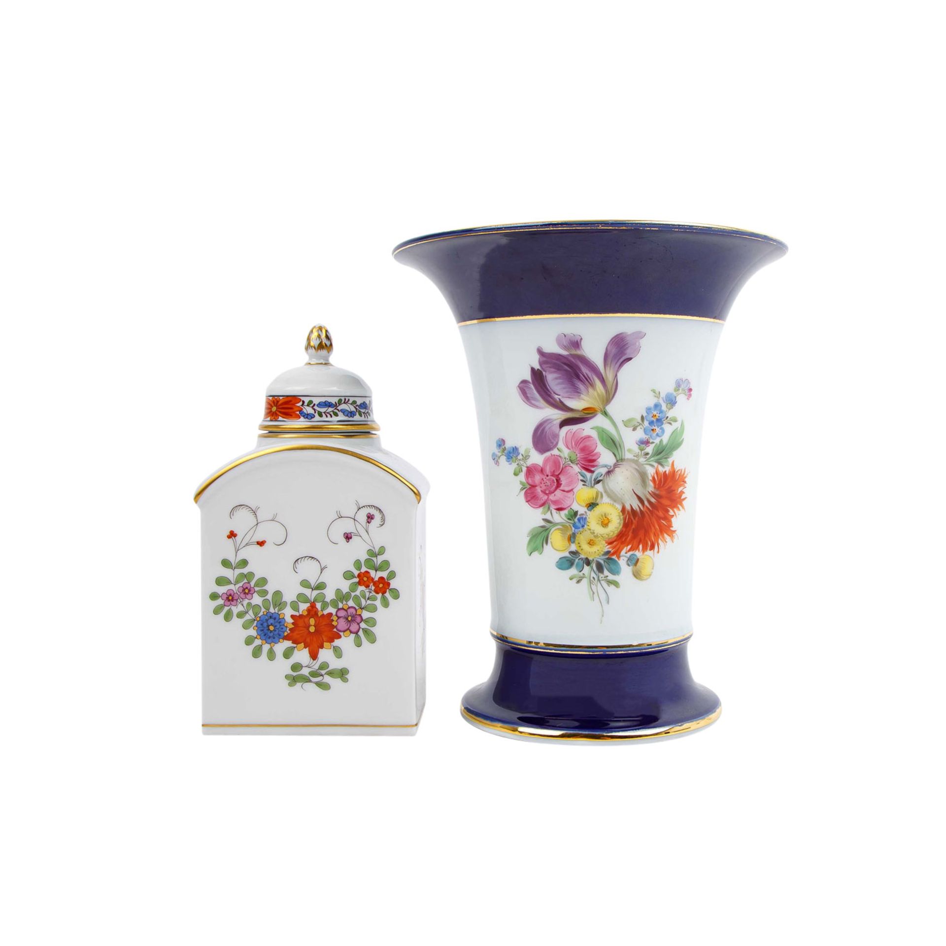 MEISSEN 2-tlg Konvolut Vase und Teedose, 20. Jh. 1. Wahl.