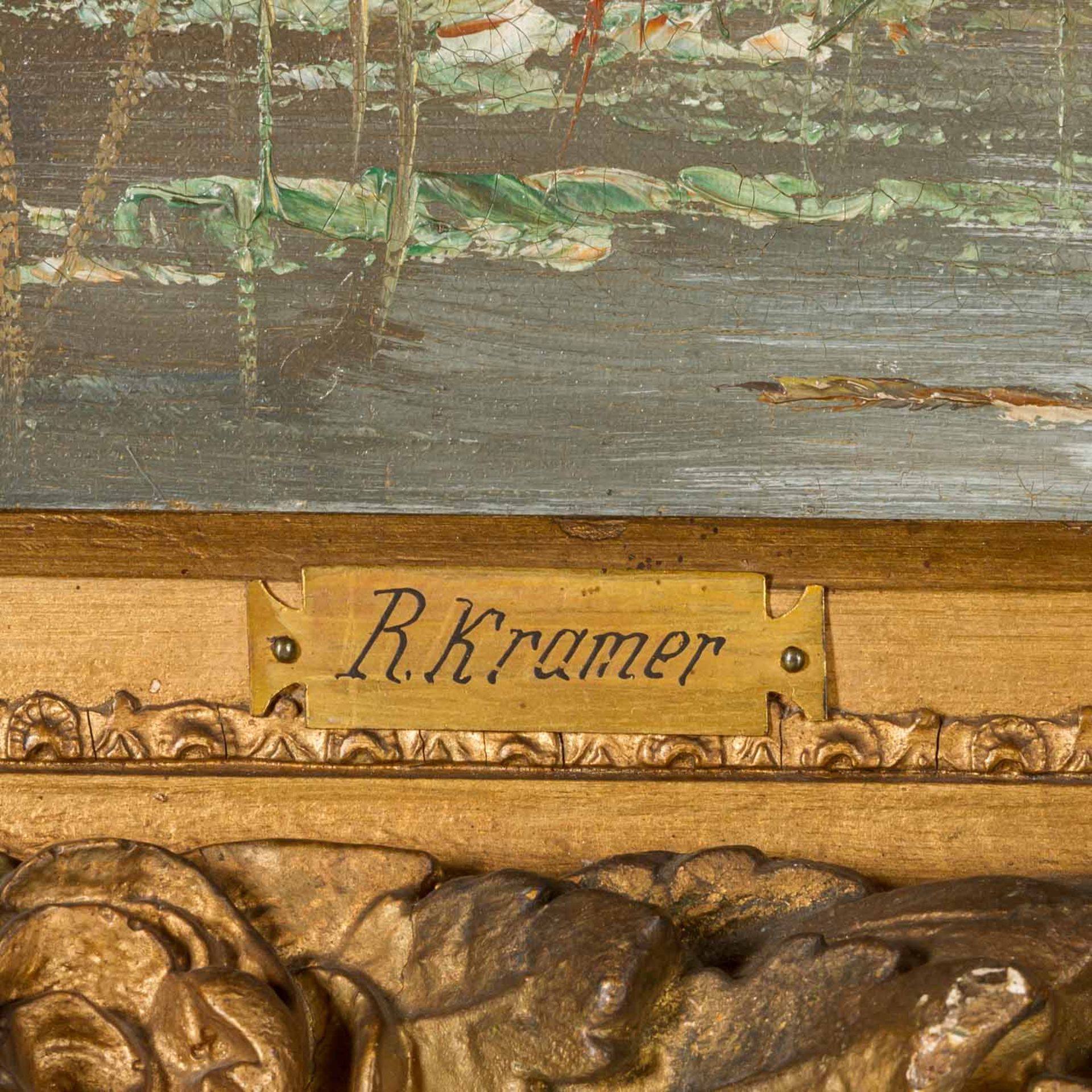 KRAMER, R. (Maler/in 19./20. Jh.), "Fischer am Ufer unter Birken ein Netz einholend", - Bild 4 aus 7