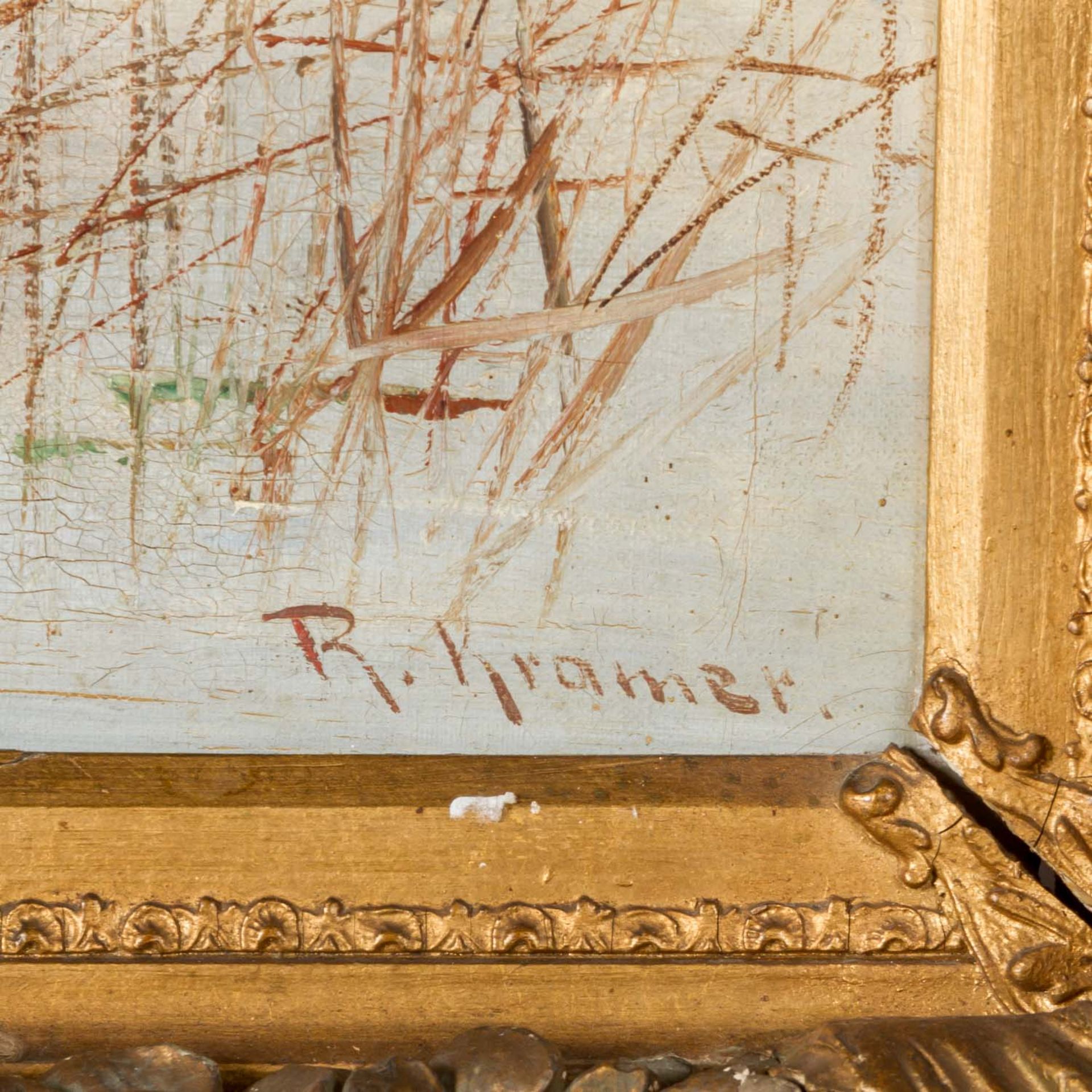 KRAMER, R. (Maler/in 19./20. Jh.), "Fischer am Ufer unter Birken ein Netz einholend", - Bild 3 aus 7