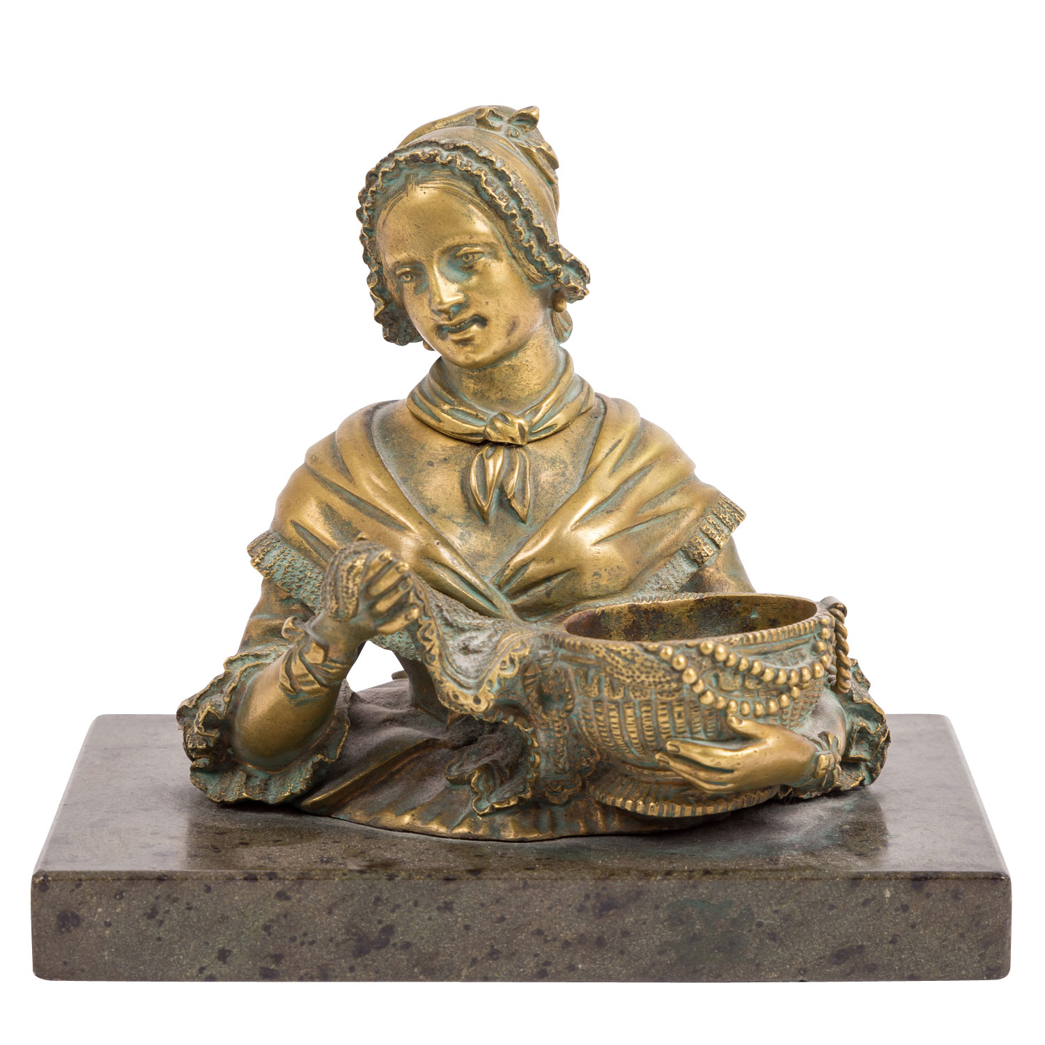 BILDHAUER/IN des 19. Jhd., figürliches Tintenfass aus Bronze "Dame mit Haube",