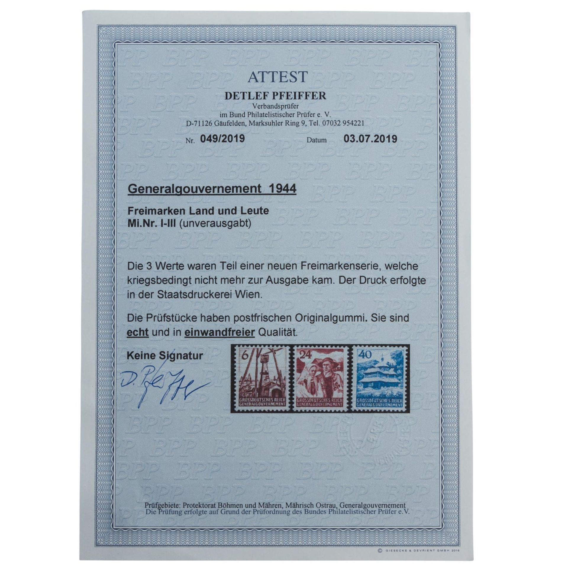 Generalgouvernement 1944 - Freimarken Land und Leute MiNr. I-III (unverausgabt) - Bild 2 aus 2