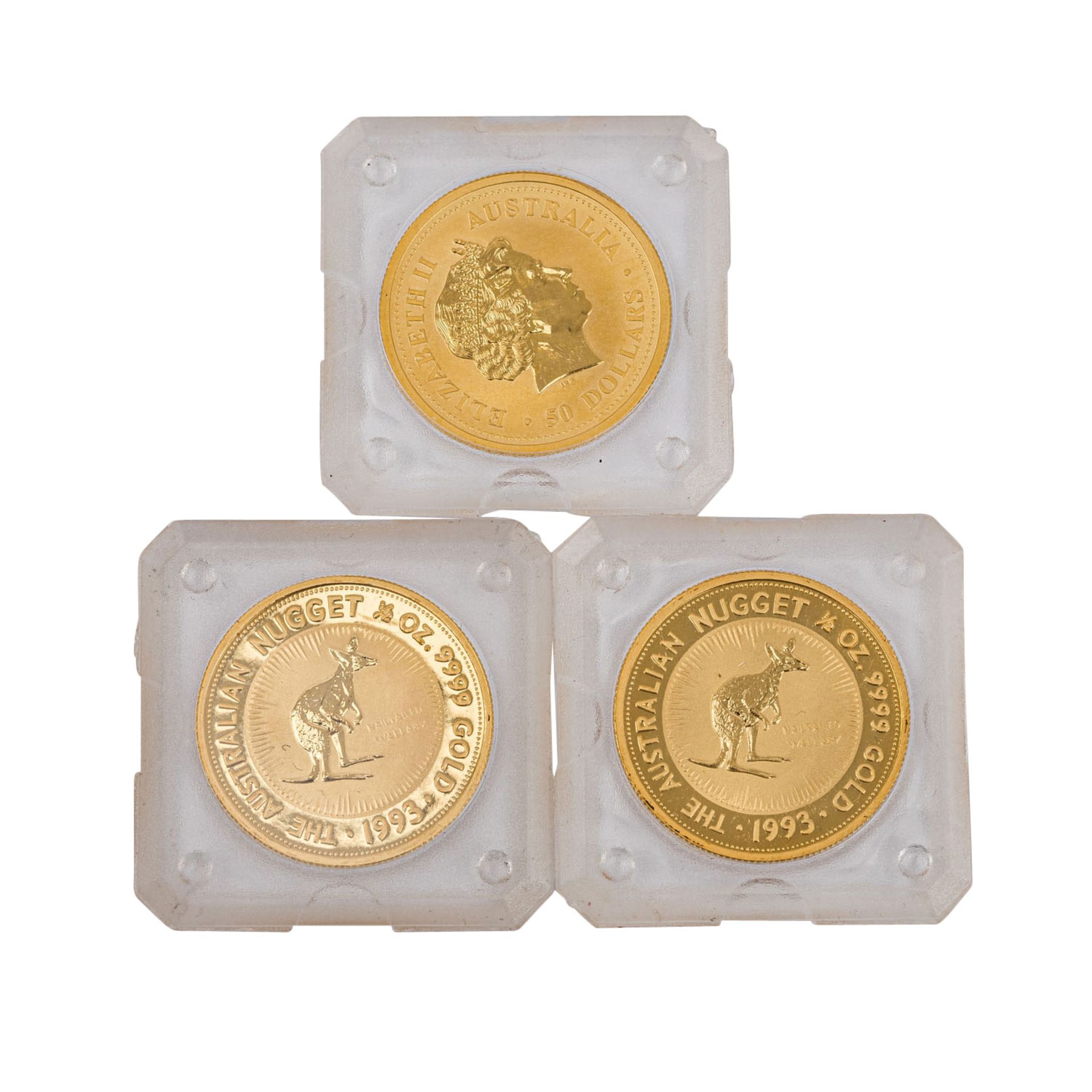 Australien - 3 x 50 Dollars 1993 (2), 1999, "The Australian Nugget", 3 x 1/2 Unze GOLD (total 1,5), - Bild 2 aus 2